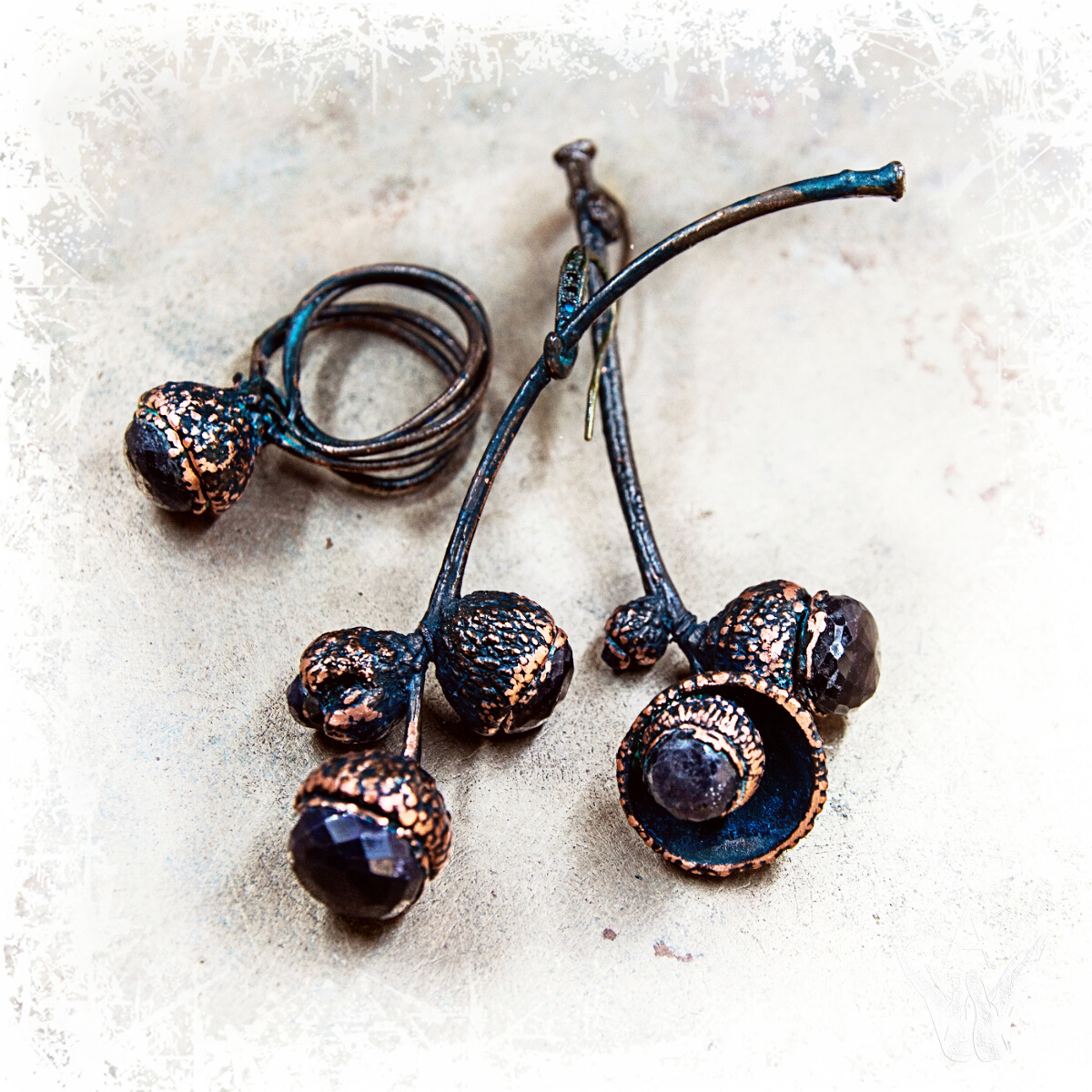 authorship AlisAsilA Set “Uniqueness” earrings and ring , sapphires stone, metal “Uniqueness” earrings and ring.