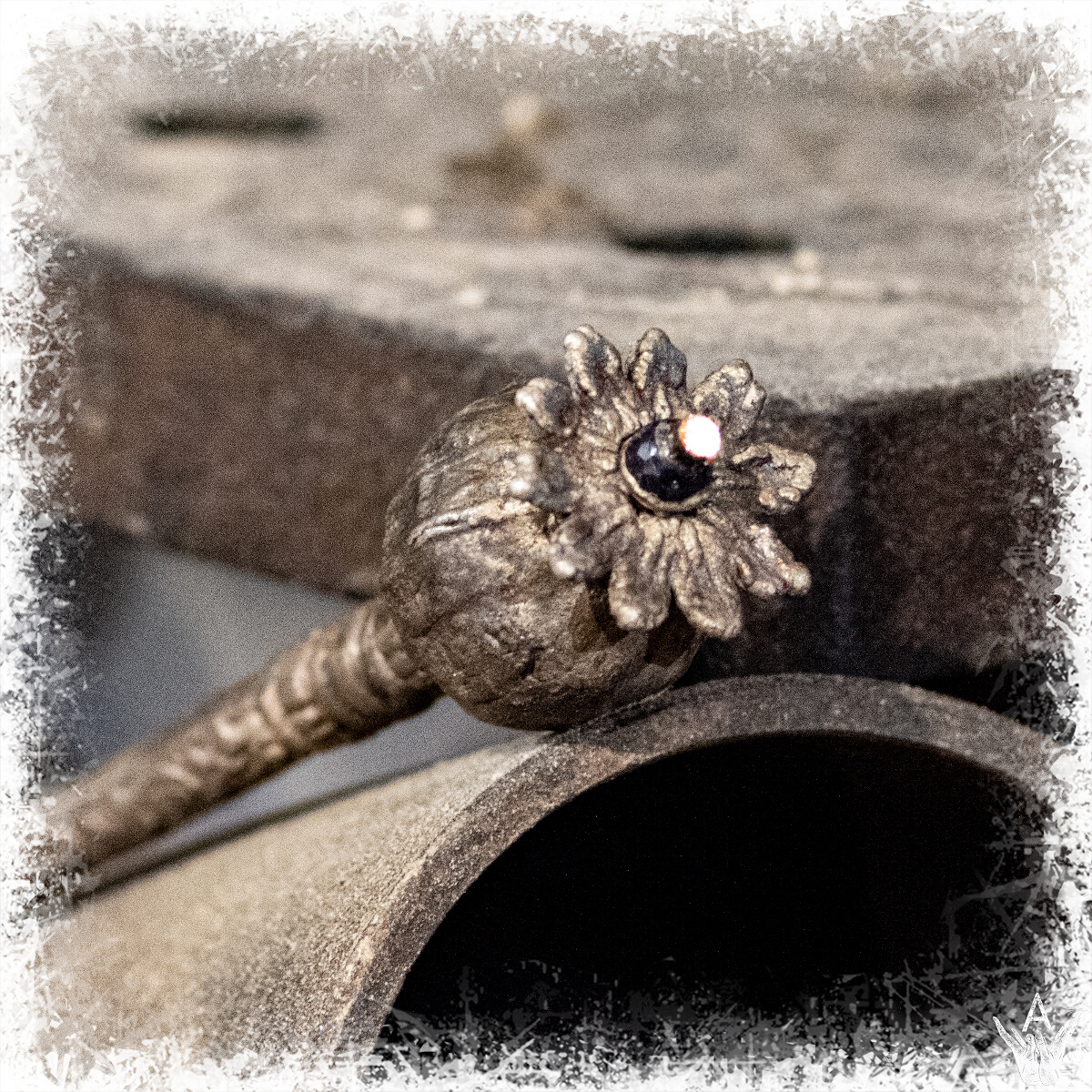 Silver plated copper. Hairpin with sapphire poppy head
