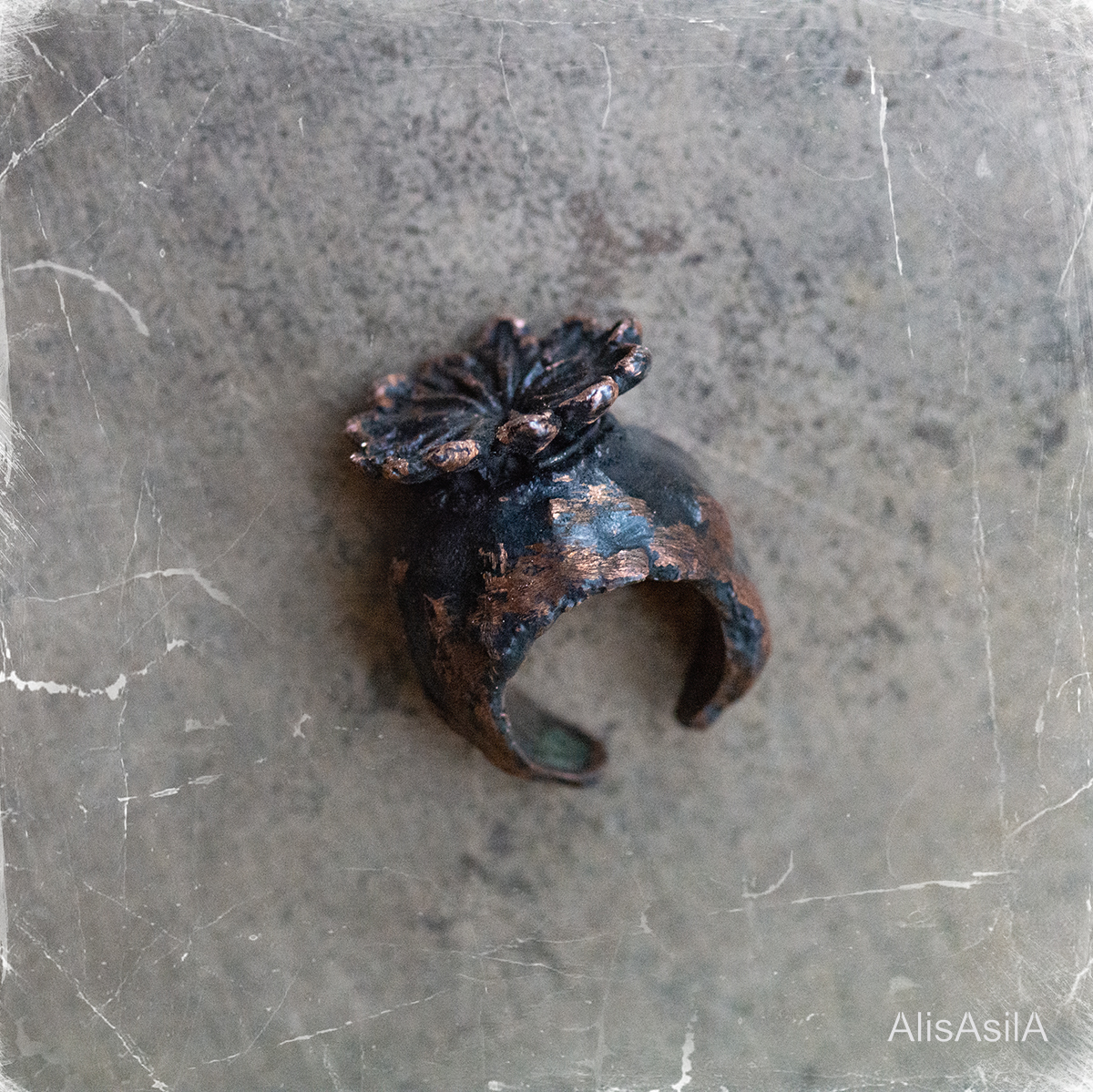 This content is the image: poppy jewelry; "Flower” ring of copper electroforming poppy
