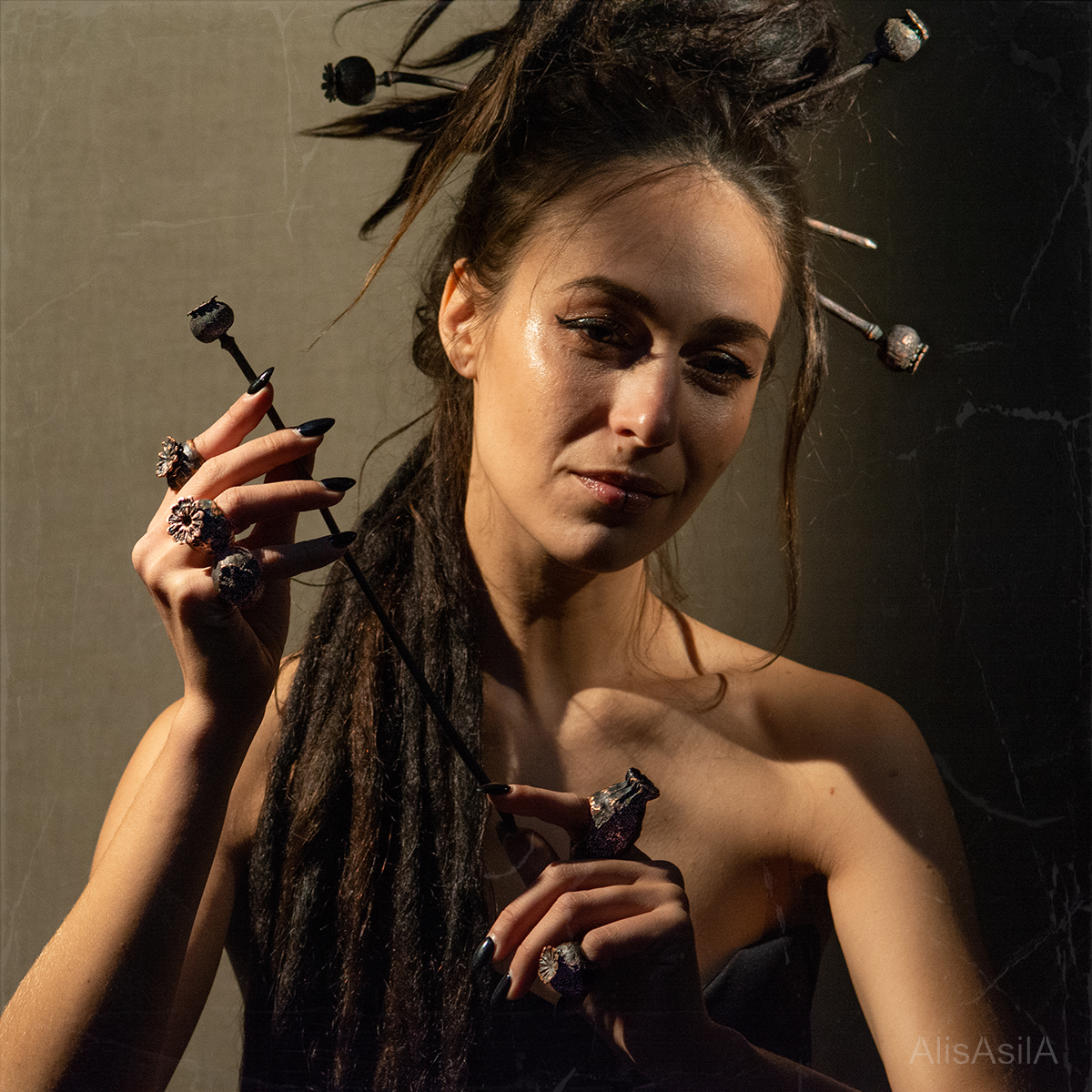 This content is the image: Collection poppies jewelry "Mekona Goddess” electroforming of copper hairpin “Pin of Mecona”